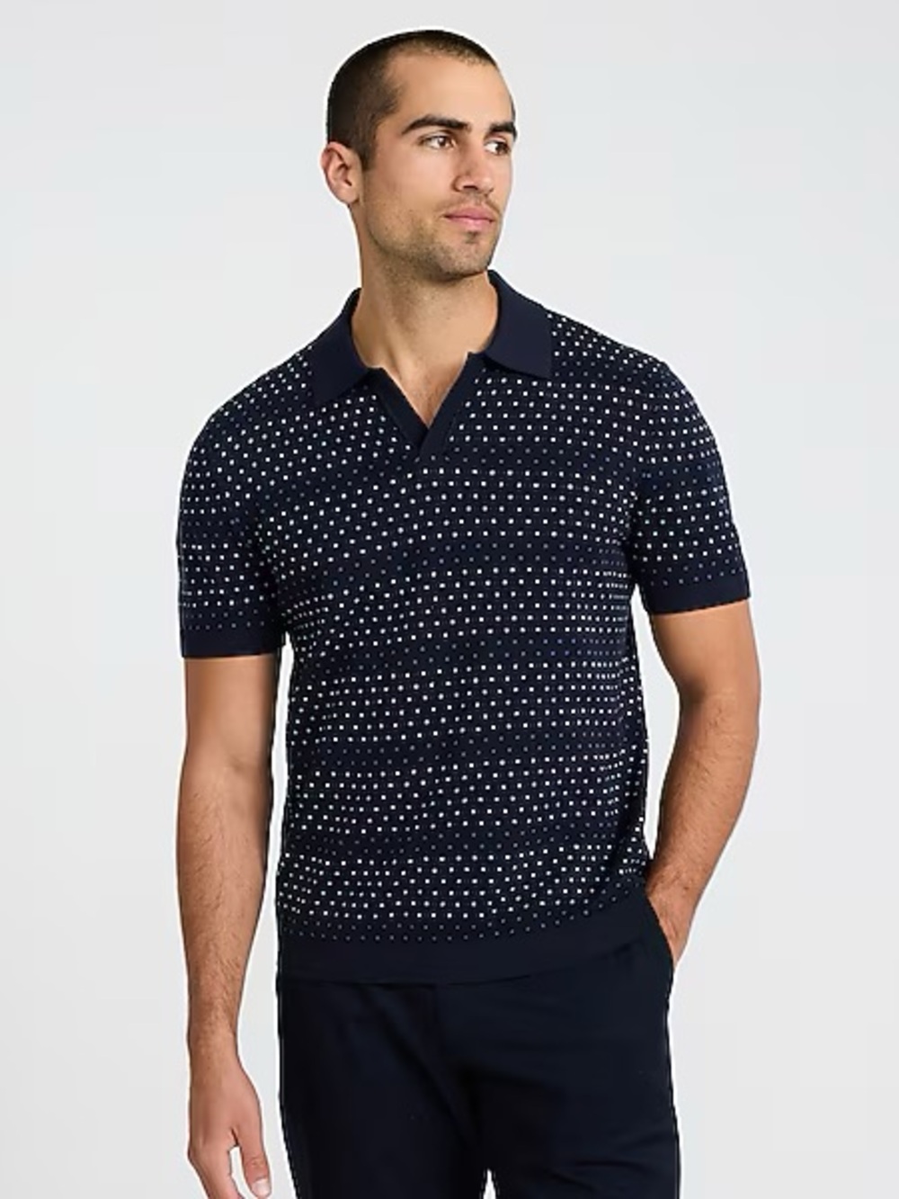 Express Cotton Mini Square Dot Johnny Collar Sweater Polo Navy Blue L